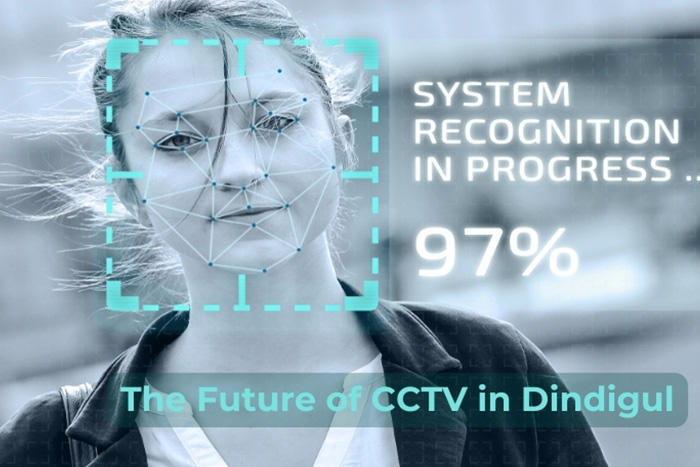 Promotional image of advanced facial recognition technology for CCTV systems, highlighting MIT Solution's innovation in security for the Dindigul region.