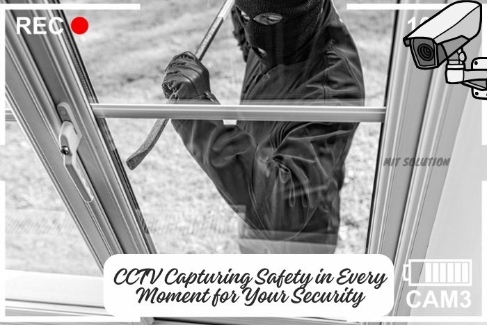 Burglar attempting a break-in captured by a CCTV camera, with the tagline 'CCTV Capturing Safety in Every Moment for Your Security', provided by MIT Solution to ensure the safety of Dindigul residents
