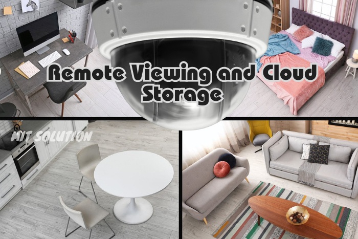 A composite image showing a dome CCTV camera and various home interiors, illustrating MIT Solution's remote viewing and cloud storage features for residential security in Dindigul, Tamil Nadu. The caption 'Remote Viewing and Cloud Storage' emphasizes the convenience of accessing CCTV footage remotely