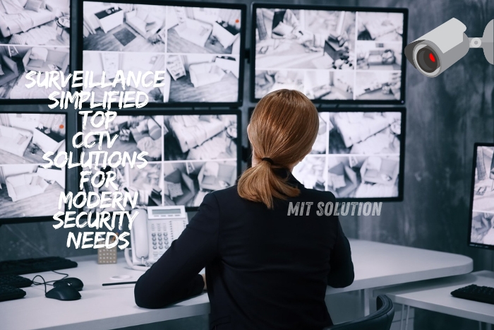 A security professional monitoring multiple CCTV camera feeds in a control room, highlighting MIT Solution's top CCTV solutions for modern security needs in Dindigul, Tamil Nadu. The caption 'Surveillance Simplified: Top CCTV Solutions for Modern Security Needs' emphasizes the advanced surveillance technology offered by MIT Solution