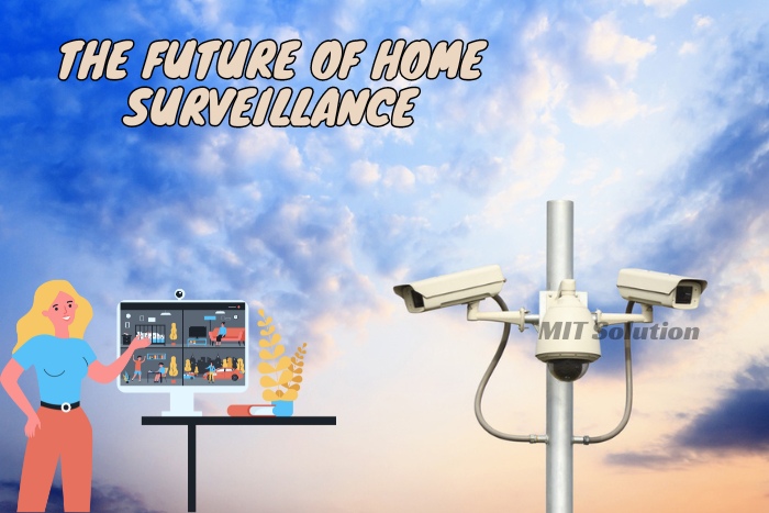 Illustration of a woman using a computer to monitor CCTV cameras, depicting 'The Future of Home Surveillance' by MIT Solution in Dindigul