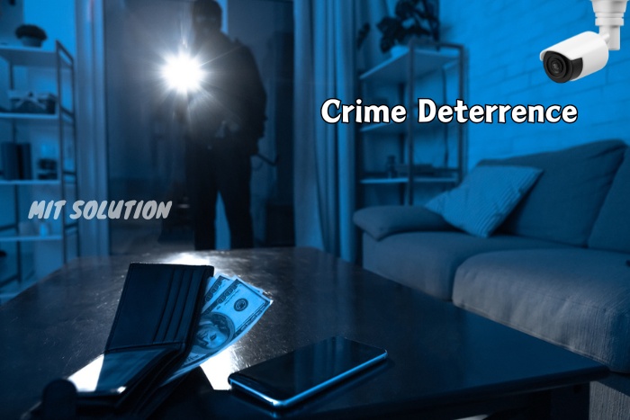 A burglar illuminated by a flashlight in a dark living room, emphasizing the importance of crime deterrence through CCTV surveillance by MIT Solution in Dindigul, Tamil Nadu. The caption 'Crime Deterrence' underscores how CCTV cameras can prevent theft and protect homes