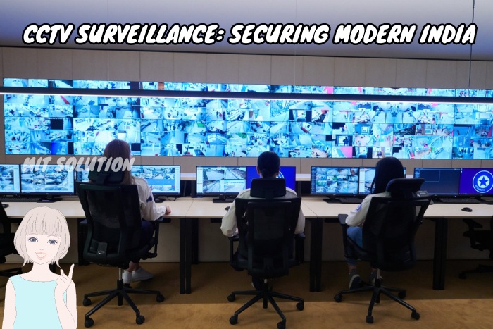 A team of surveillance professionals monitoring multiple CCTV camera feeds in a control room, illustrating MIT Solution's comprehensive CCTV surveillance solutions for securing modern India. The caption 'CCTV Surveillance: Securing Modern India' emphasizes the importance of advanced security monitoring in Dindigul, Tamil Nadu