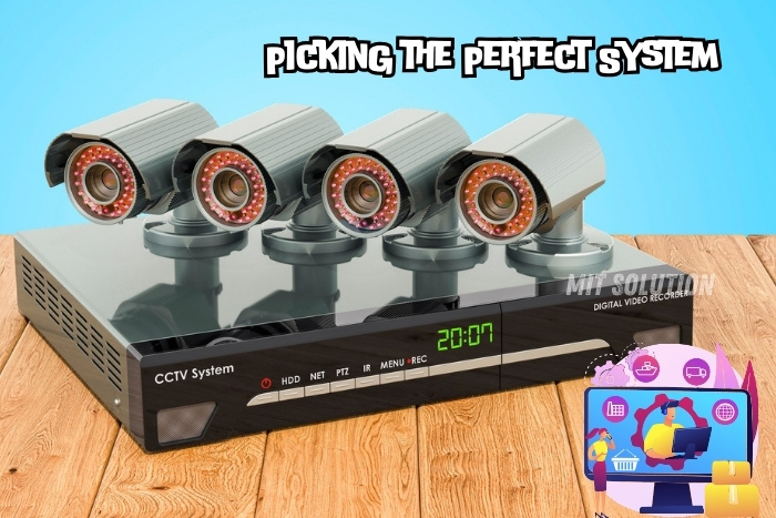 A set of four CCTV cameras mounted on a digital video recorder, showcasing the process of picking the perfect security system provided by MIT Solution in Dindigul, Tamil Nadu. The caption 'Picking the Perfect System' emphasizes the tailored security solutions and expert guidance offered by MIT Solution