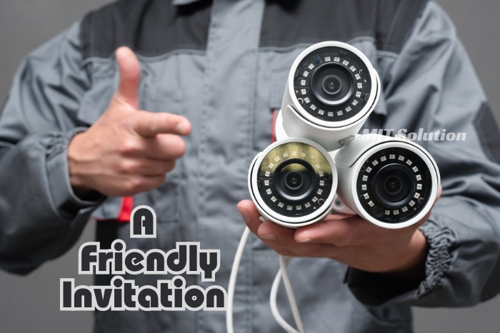 A professional technician from MIT Solution in Dindigul, Tamil Nadu, giving a thumbs up while holding three advanced CCTV cameras, signaling a friendly invitation to local businesses and homeowners to enhance their security systems