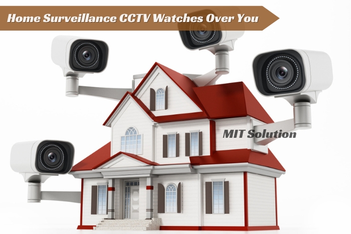 Home surveillance system with multiple CCTV cameras installed around a model house, illustrating MIT Solution's comprehensive security solutions in Dindigul
