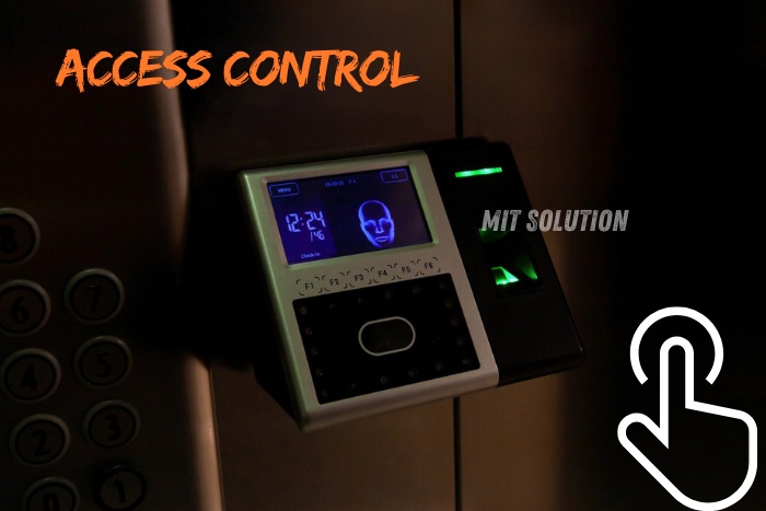 A high-tech access control panel with biometric facial recognition and fingerprint scanning, showcasing MIT Solution's advanced access control systems in Dindigul, Tamil Nadu. The caption 'Access Control' emphasizes the cutting-edge security solutions provided by MIT Solution