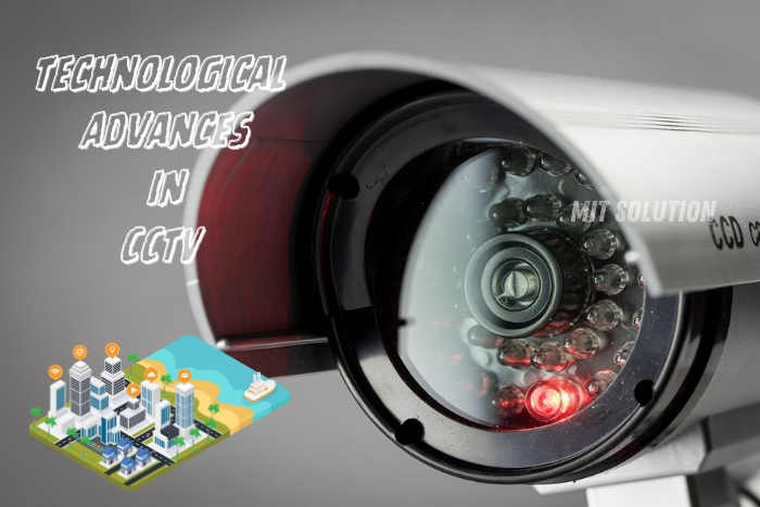 Close-up of a modern CCTV camera, showcasing technological advances in surveillance systems provided by MIT Solution in Dindigul, Tamil Nadu. The caption 'Technological Advances in CCTV' highlights the cutting-edge features and innovations offered by MIT Solution for enhanced security