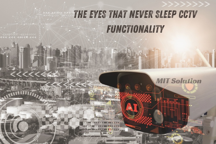 Advanced AI-enhanced CCTV camera overlooking a cityscape, representing MIT Solution's 'The Eyes That Never Sleep' initiative for continuous surveillance in Dindigul