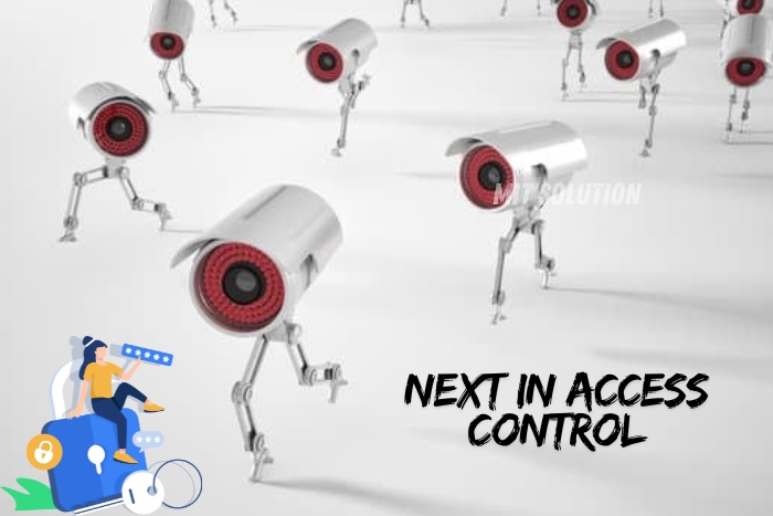 A creative illustration of CCTV cameras with robotic legs, symbolizing the future of access control, provided by MIT Solution in Dindigul, Tamil Nadu. The caption 'Next in Access Control' emphasizes the innovative and advanced security solutions offered by MIT Solution