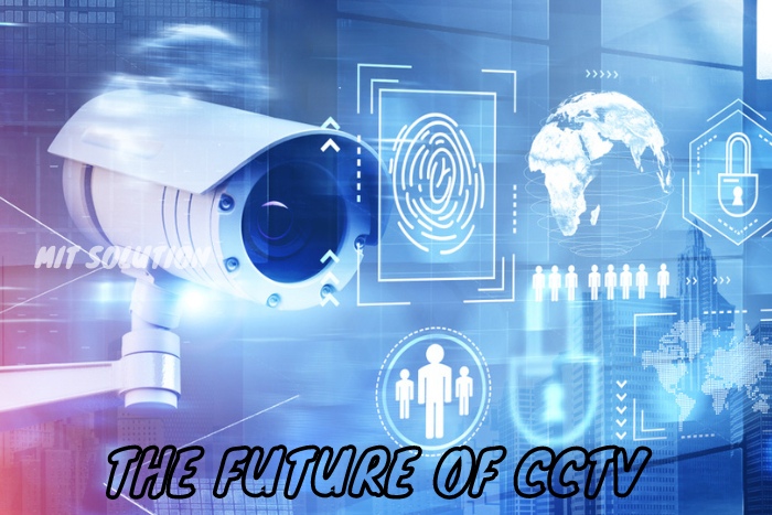 A futuristic illustration featuring a CCTV camera and digital security icons, representing MIT Solution's vision for the future of CCTV in Dindigul, Tamil Nadu. The caption 'The Future of CCTV' emphasizes the integration of advanced technologies like facial recognition and data analytics in modern surveillance systems