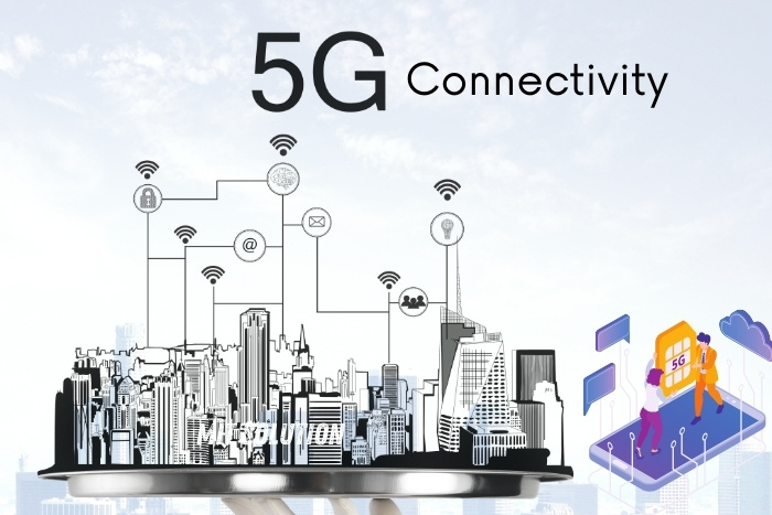 Illustration of a cityscape connected with 5G technology, representing the advanced connectivity solutions provided by MIT Solution in Dindigul, Tamil Nadu. The caption '5G Connectivity' highlights the integration of 5G technology in modern security systems offered by MIT Solution