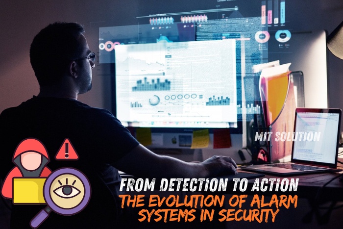 A security professional analyzing data on multiple screens, highlighting the evolution of alarm systems provided by MIT Solution in Dindigul, Tamil Nadu. The caption 'From Detection to Action: The Evolution of Alarm Systems in Security' emphasizes the advanced security solutions and innovative technology offered by MIT Solution