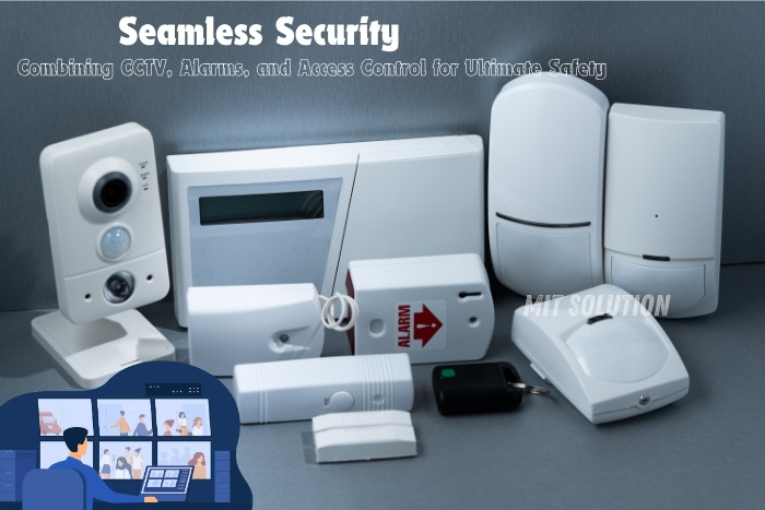 A collection of advanced security devices including CCTV cameras, alarm systems, and access control units, showcasing seamless security solutions provided by MIT Solution in Dindigul, Tamil Nadu. The caption 'Seamless Security: Combining CCTV, Alarms, and Access Control for Ultimate Safety' emphasizes the integrated security services offered by MIT Solution