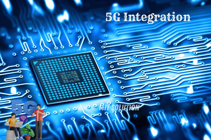 Close-up of a microchip representing 5G integration in modern technology, highlighting the advanced 5G solutions provided by MIT Solution in Dindigul, Tamil Nadu. The caption '5G Integration' emphasizes MIT Solution's commitment to incorporating cutting-edge connectivity in their security systems