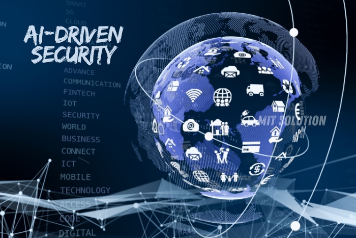 A digital globe with interconnected icons representing AI-driven security solutions provided by MIT Solution in Dindigul, Tamil Nadu. The caption 'AI-Driven Security' emphasizes the advanced and innovative security technologies offered by MIT Solution to enhance safety and protection