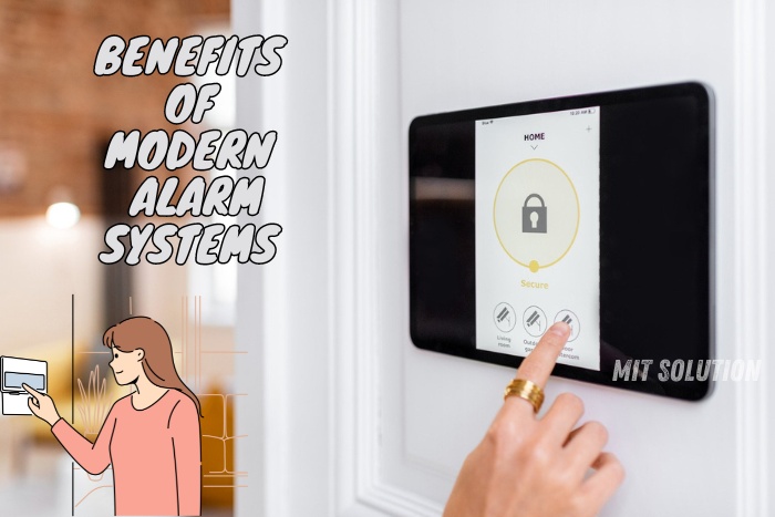 A person interacting with a smart home security control panel, highlighting the benefits of modern alarm systems provided by MIT Solution in Dindigul, Tamil Nadu. The caption 'Benefits of Modern Alarm Systems' emphasizes the advanced features and comprehensive security solutions offered by MIT Solution