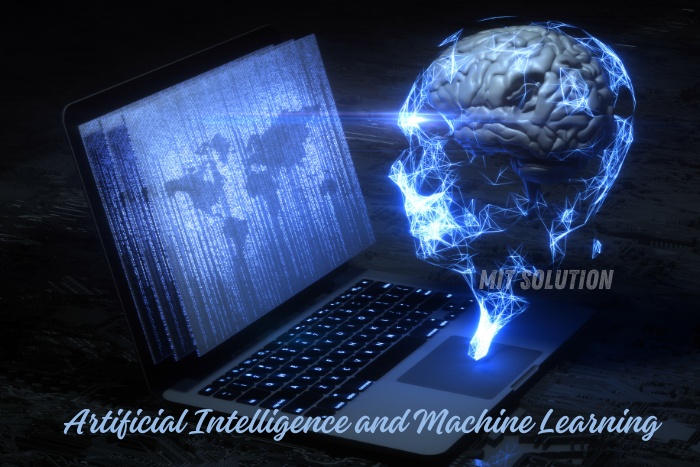 A digital representation of a brain emerging from a laptop screen, symbolizing the integration of artificial intelligence and machine learning in security solutions by MIT Solution in Dindigul, Tamil Nadu. The caption 'Artificial Intelligence and Machine Learning' highlights the advanced technological capabilities provided by MIT Solution