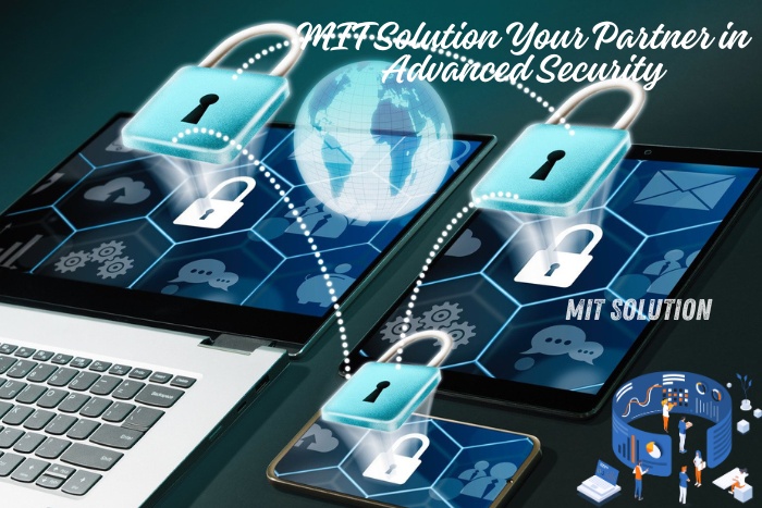 A digital illustration of secure devices connected globally, showcasing MIT Solution's expertise in advanced security systems in Dindigul, Tamil Nadu. The caption 'MIT Solution: Your Partner in Advanced Security' emphasizes the comprehensive and innovative security solutions offered by MIT Solution