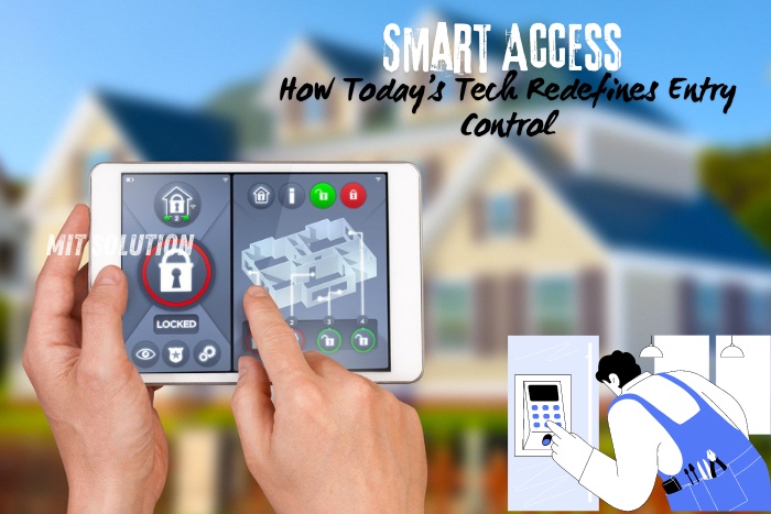 A person using a tablet to control smart home access, illustrating how modern technology redefines entry control, provided by MIT Solution in Dindigul, Tamil Nadu. The caption 'Smart Access: How Todays Tech Redefines Entry Control' emphasizes the advanced security solutions and innovative entry control systems offered by MIT Solution