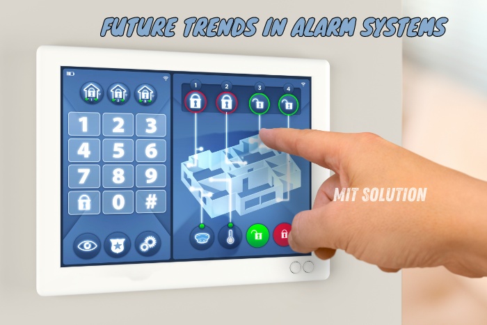 A person interacting with a modern alarm system control panel, showcasing the future trends in alarm systems provided by MIT Solution in Dindigul, Tamil Nadu. The caption 'Future Trends in Alarm Systems' emphasizes the cutting-edge security solutions offered by MIT Solution