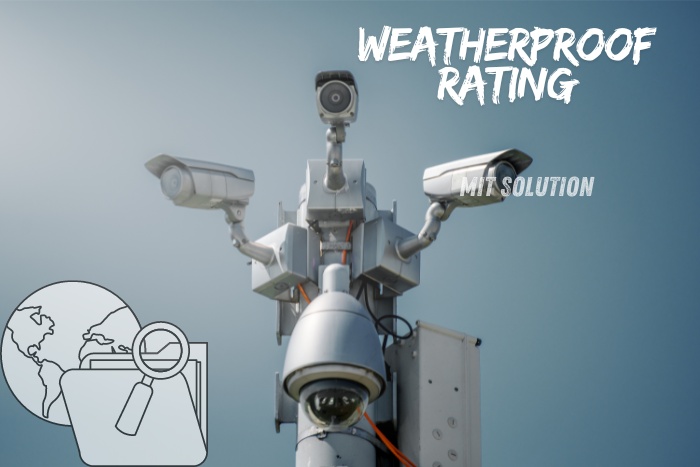 A collection of weatherproof CCTV cameras mounted outdoors, showcasing the robust and durable security solutions provided by MIT Solution in Dindigul, Tamil Nadu. The caption 'Weatherproof Rating' emphasizes the importance of choosing weather-resistant CCTV systems for reliable outdoor surveillance