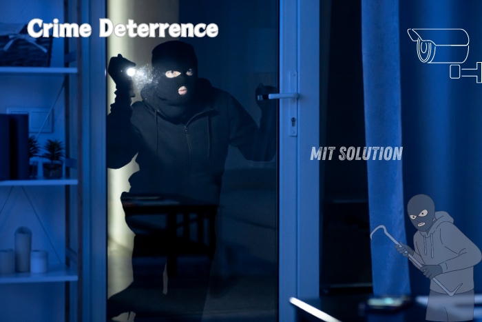 Burglar attempting to break in, highlighting 'Crime Deterrence' by MIT Solution. Based in Dindigul, Tamil Nadu, MIT Solution offers advanced CCTV systems, access control devices, and alarm systems to enhance security and deter criminal activity