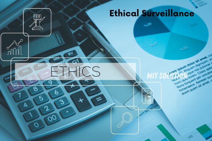 Calculator, pen, and financial documents with the text 'Ethical Surveillance' by MIT Solution. Located in Dindigul, Tamil Nadu, MIT Solution specializes in providing ethical CCTV systems, access control devices, and alarm systems to ensure secure and responsible surveillance for businesses and homes