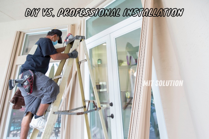 Technician on a ladder performing a professional installation with text 'DIY vs. Professional Installation' by MIT Solution. Located in Dindigul, Tamil Nadu, MIT Solution provides expert CCTV installation, access control devices, and alarm systems for top-notch security solutions